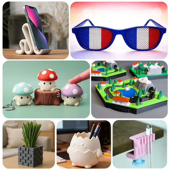 A collection of cute, round, white and purple clay figures and a pink plastic plant pot.