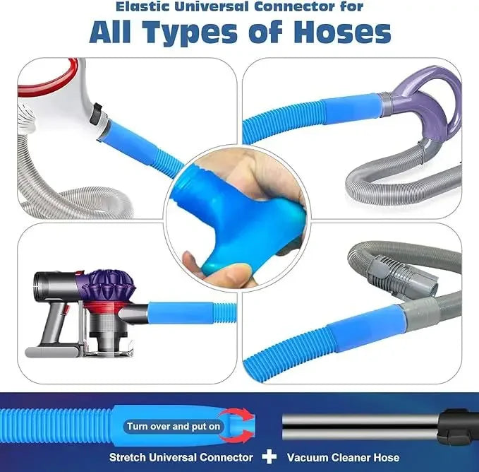 Elastic universal connector for all types of hoses, including vacuum cleaner hoses and dryer vents.