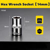 A silver hex wrench socket with a 14mm drive size is shown against a dark gray background.