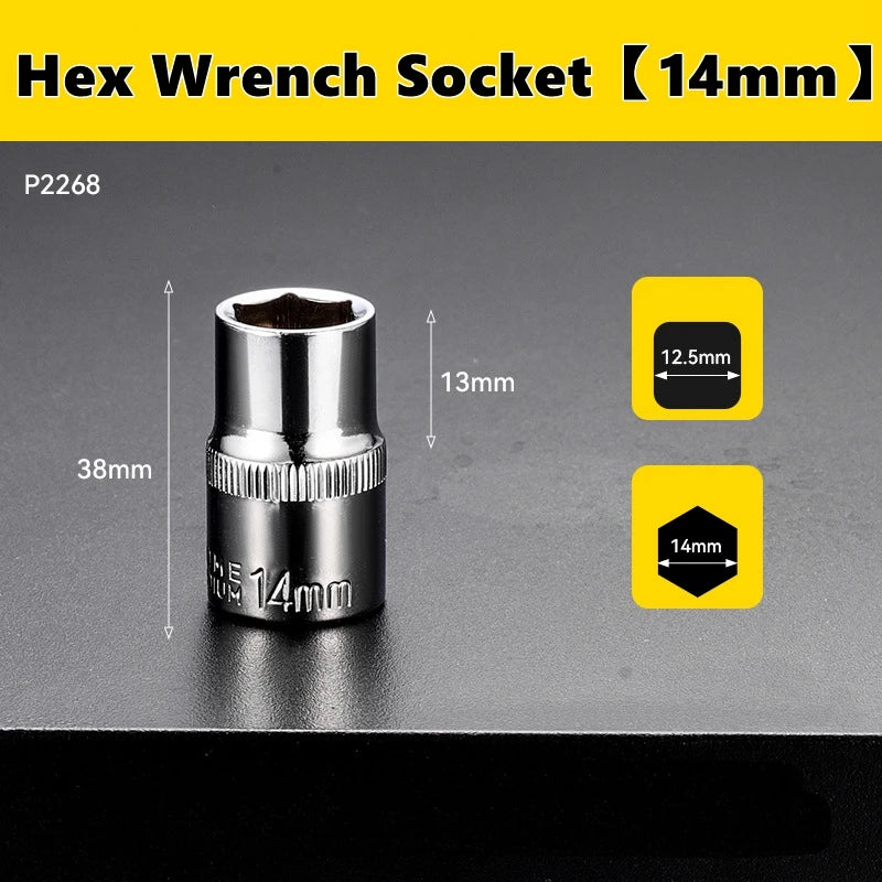 A silver hex wrench socket with a 14mm drive size is shown against a dark gray background.