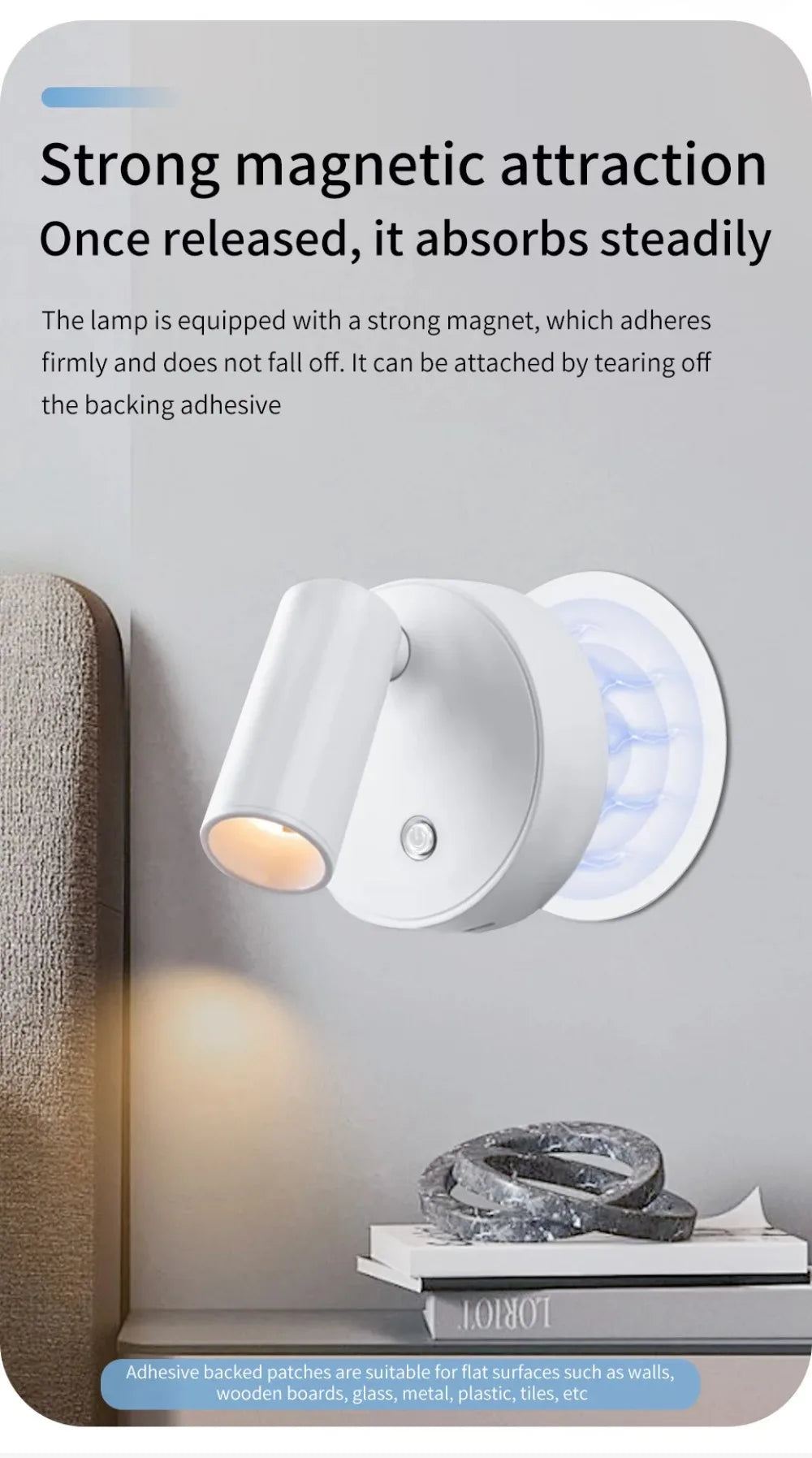 A white touch control LED wall lamp with a magnetic spotlight is mounted on a wall.