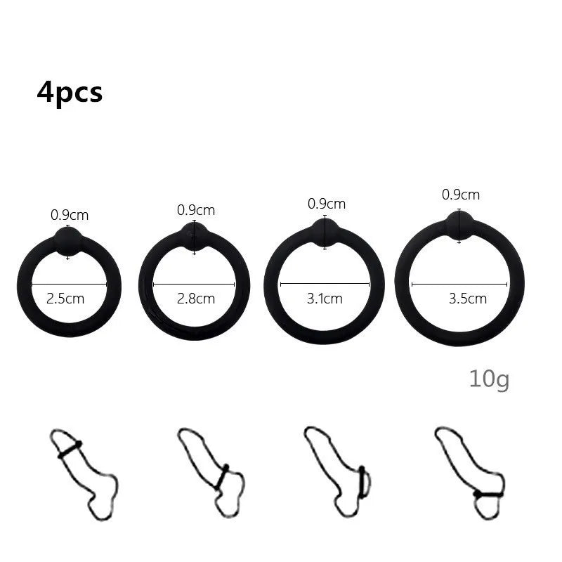 Four silicone rings of varying sizes are shown, with four elongated silicone pieces below them.