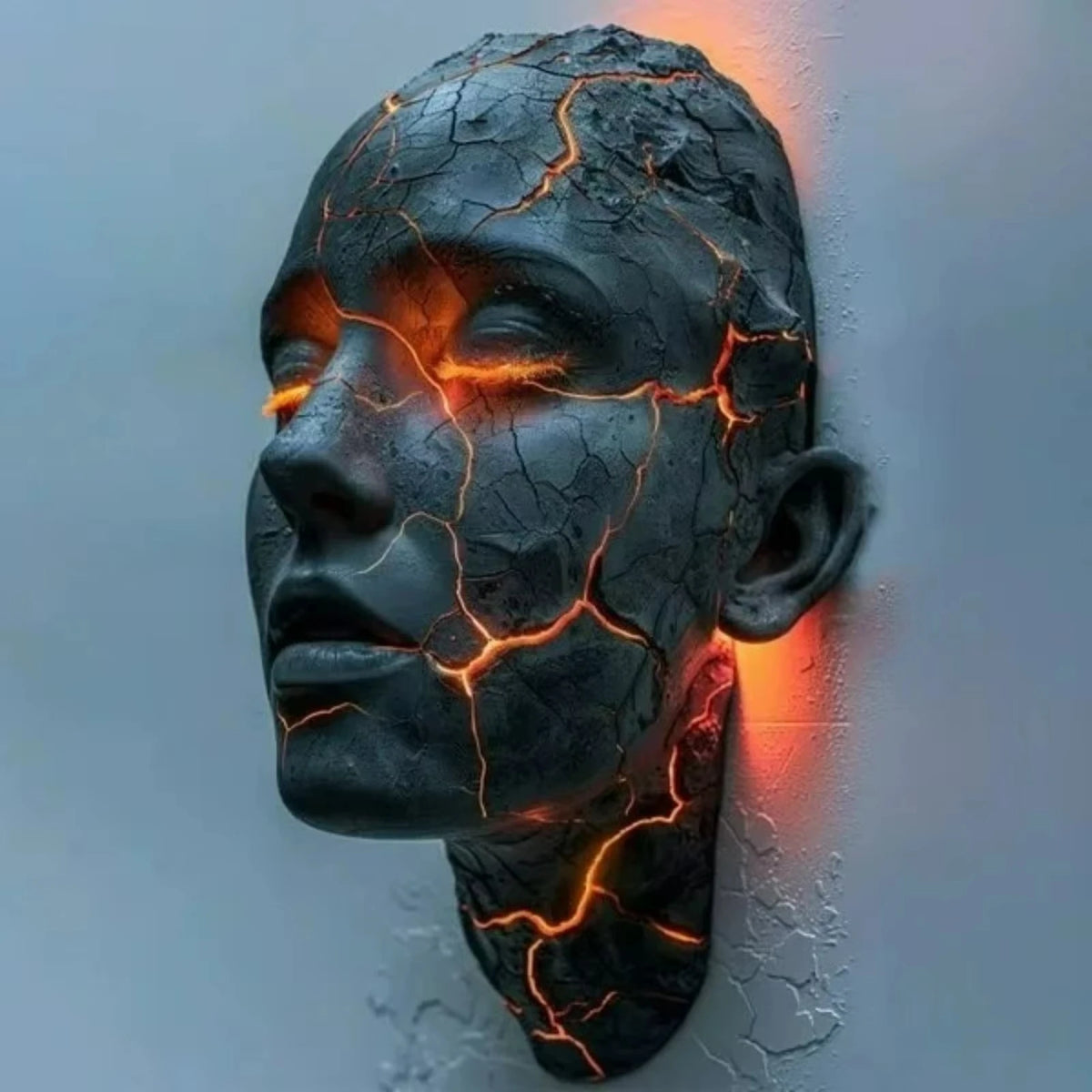 A dark resin sculpture of a human head with glowing orange cracks mounted on a wall.