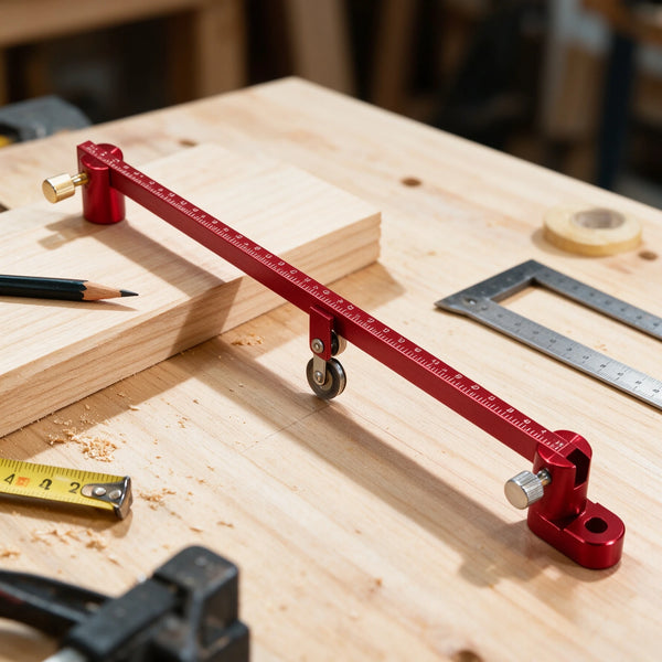 A red precision drawing circle ruler with a movable clamp is laid on a wooden workbench next to a metal ruler.