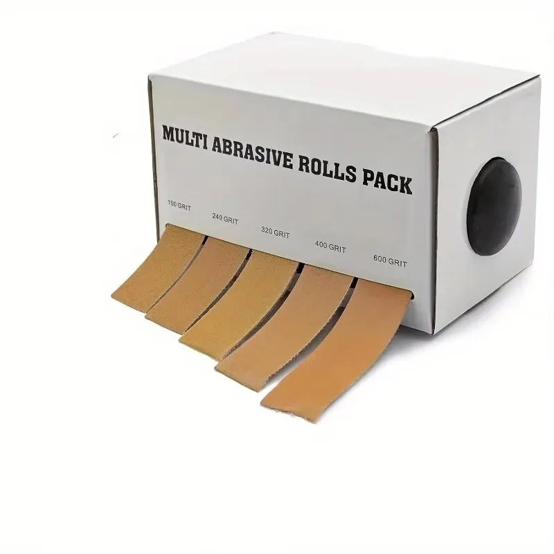 A box of multi abrasive rolls in various grits, including 150 to 600 grit, displayed on a white background.