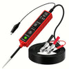 A red automotive DC circuit probe tester with a black probe and leads coiled in a black cable.