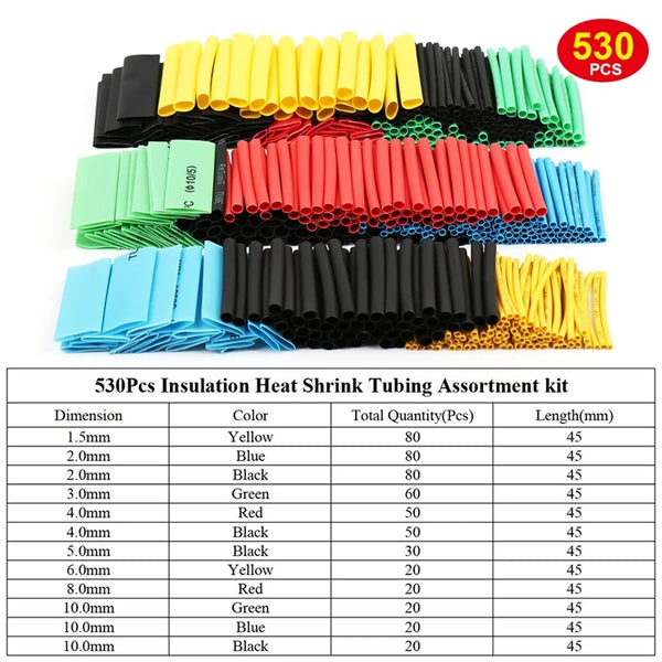Assortment kit of heat shrink tubing in various colors and diameters for electrical insulation