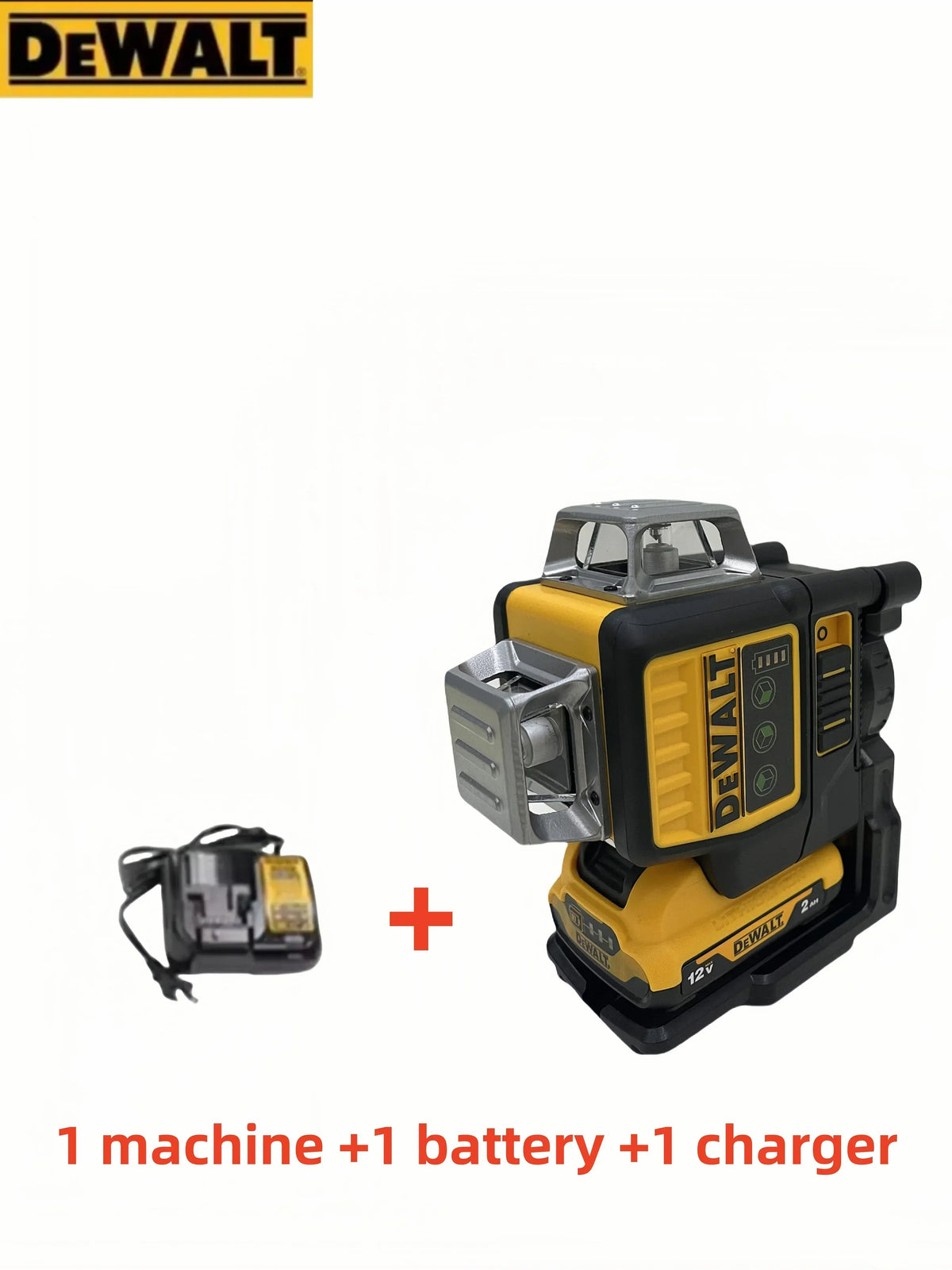 A Dewalt 360 Degree Vertical Line Laser Level machine with a battery and charger.