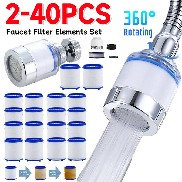 A set of faucet filter elements and a 360 degree rotating kitchen faucet with water flowing.