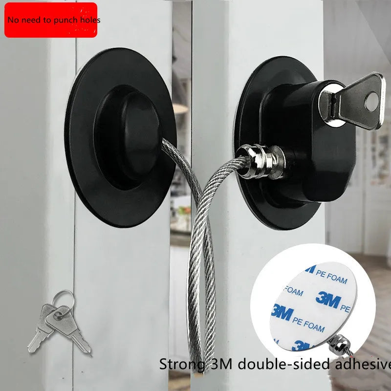 A black adjustable cabinet and window safety lock with a silver latch and a strong 3M double-sided adhesive.