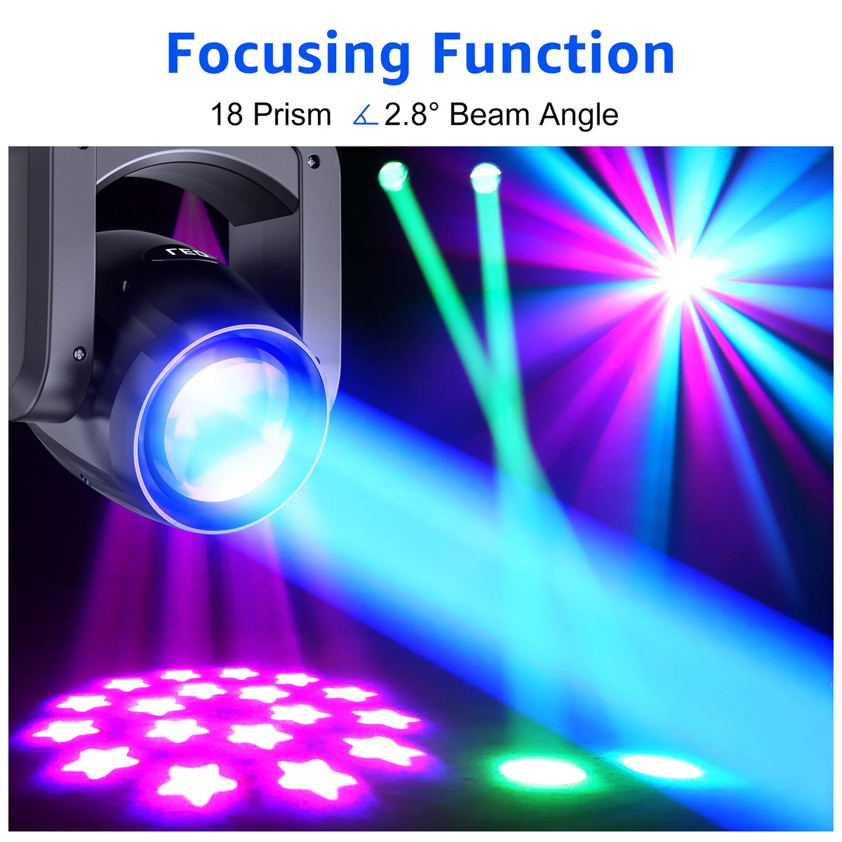 A spotlight emitting a focused beam of light, demonstrating the 2.8 degree beam angle and prism focusing function.