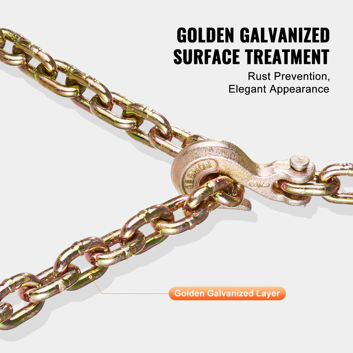 A close-up of a golden galvanized surface treatment chain link showing the golden galvanized layer.