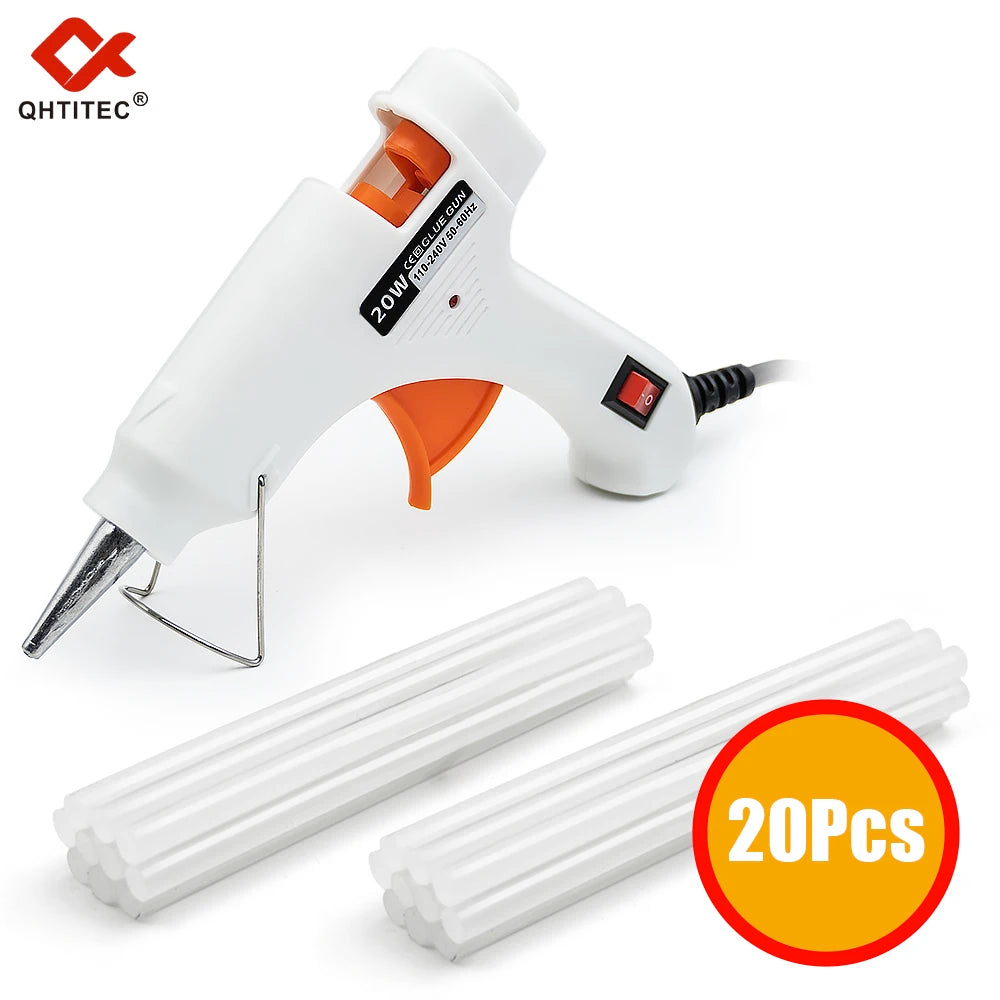 White hot melt glue gun and twenty white glue sticks shown on a white background.