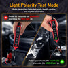 A hand uses a probe tip to test positive and negative electrodes on an automotive DC circuit using light polarity test mode.