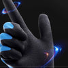 A close-up of black thermal work gloves with blue accents, showing the texture and durability.