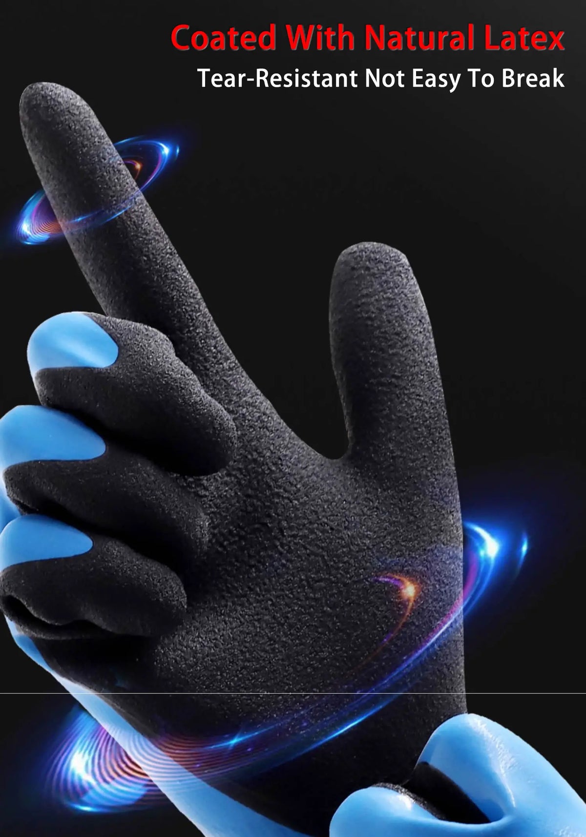A close-up of black thermal work gloves with blue accents, showing the texture and durability.