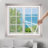 A close-up view of an invisible zipper mosquito window screen installed in a white window frame.