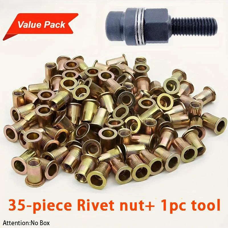 A value pack of 35 rivet nuts and one tool for heavy-duty riveting applications.