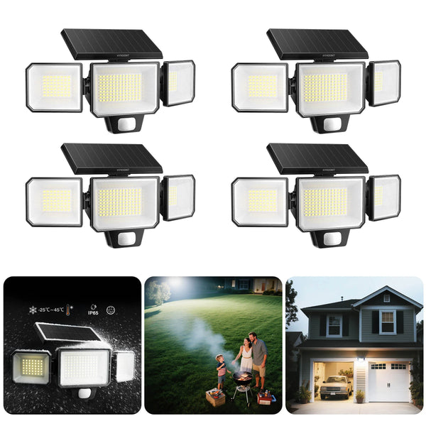 Three solar motion sensor security lights mounted on a solar panel and shown in installation context.