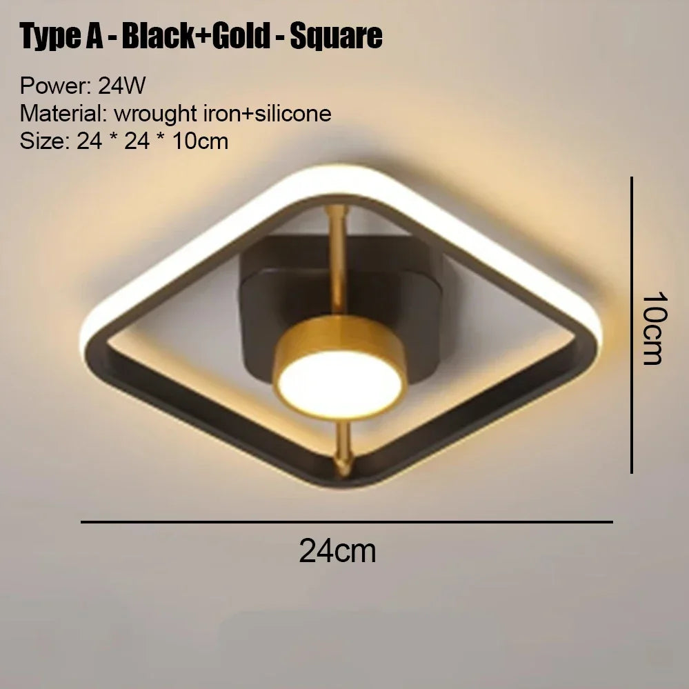 Lámpara de techo LED moderna cuadrada con marco negro y detalles dorados.