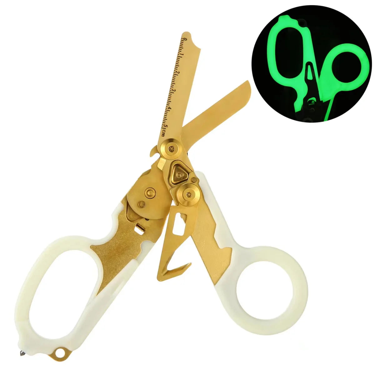 A pair of gold and white tactical foldable shears with a green light feature shown against a black background.