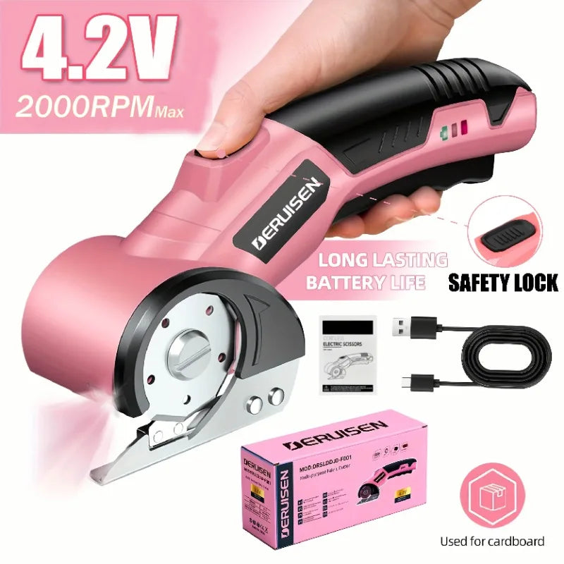 A pink Deruisen electric cutting scissor is shown being held, with a battery and charging cable nearby.