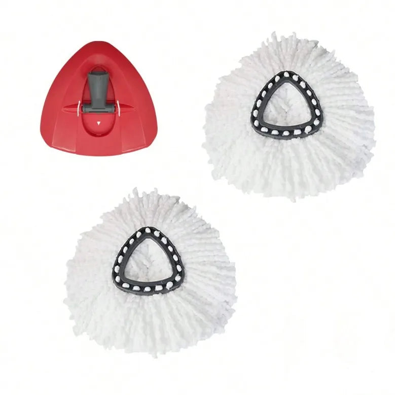 A replacement mop set for the EasyWring system showing a red plastic mop head and two white mop heads with black rings.