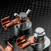 A close-up view of a heavy duty magnetic welder grounding tool with a copper finish and silver base.