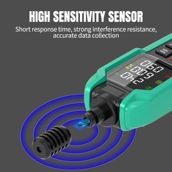 A digital thermohygrometer device with a green casing is shown emitting a blue sensor signal.