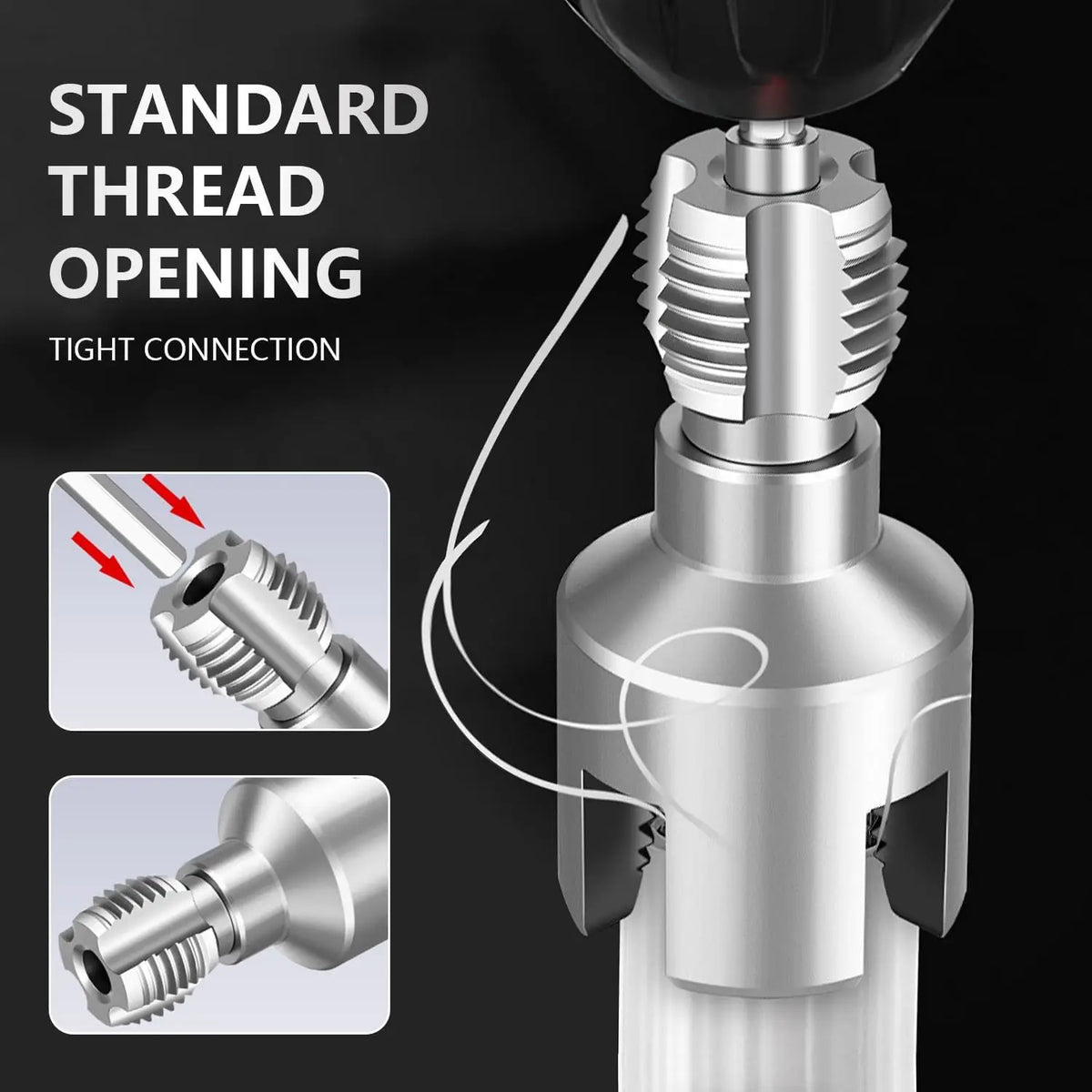 A close-up view of a silver electric drill pipe thread opening tool with a tight connection for cutting.