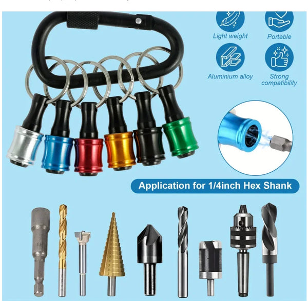 12-piece set of 1/4 inch hex shank screwdriver bit holders with carabiner and various bits