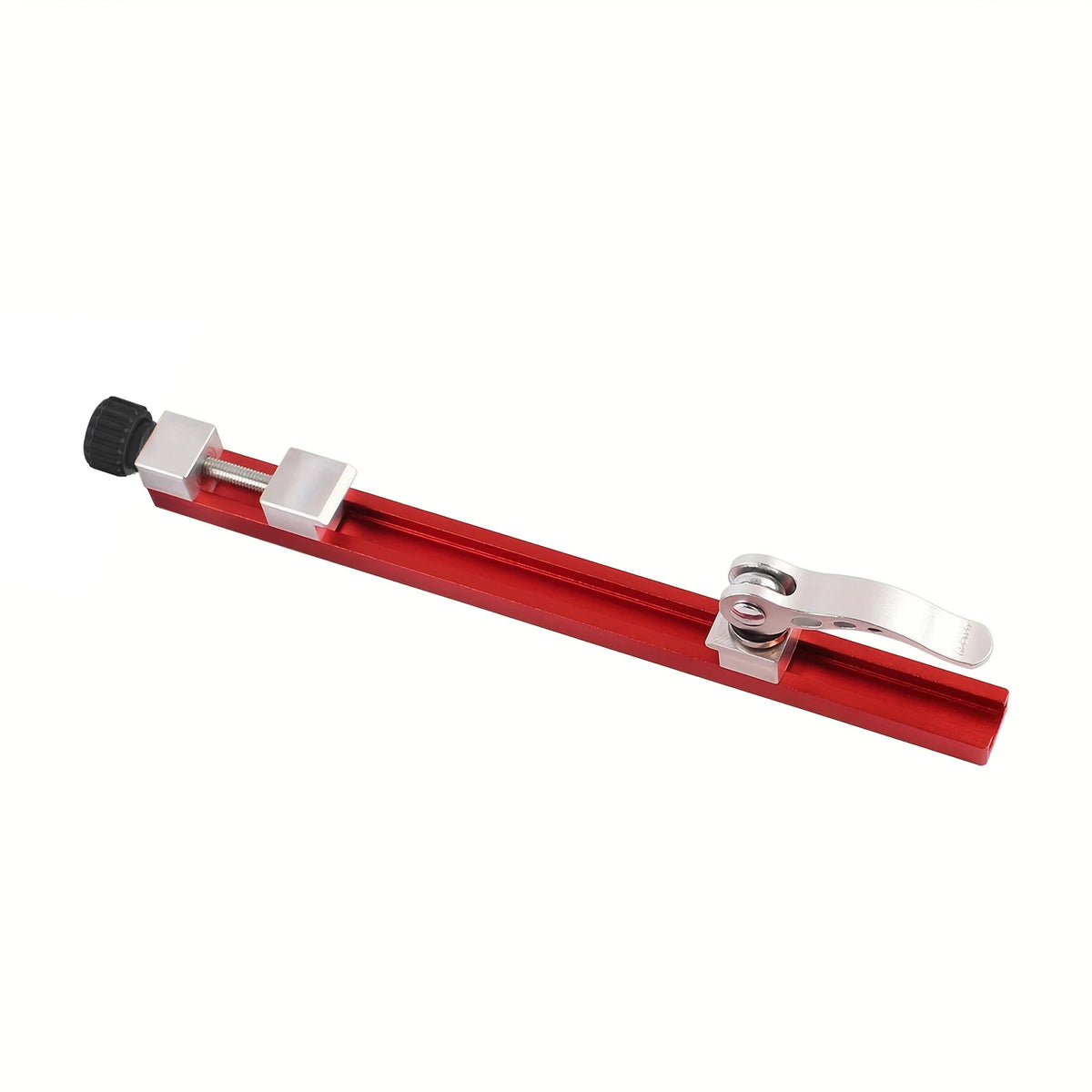 A red precision adjustable circular saw guide rail with a black clamp and silver mounting hardware.
