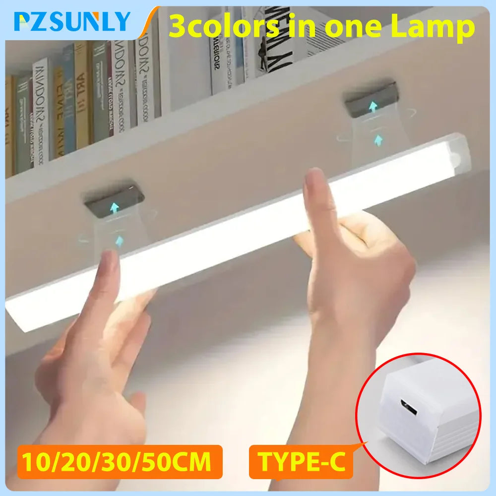 Hands hold a white LED light strip lamp with Type-C connector, demonstrating its use as a motion sensor night light.