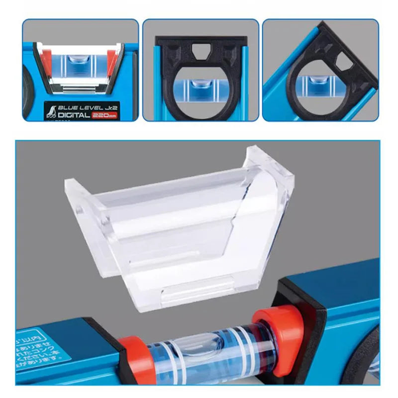A precision bubble level ruler set showing various components and the assembled tool.