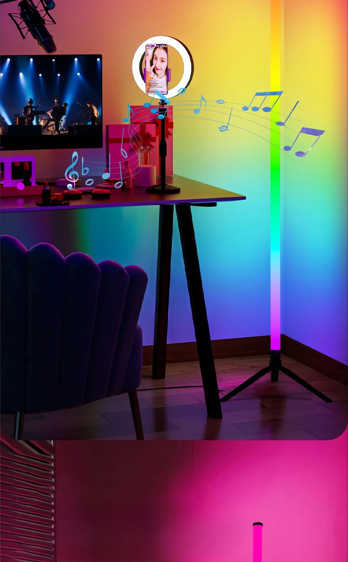 An RGB LED corner floor lamp illuminates a desk setup with musical notes floating in the air.