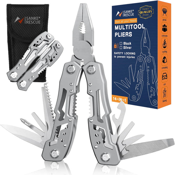 A set of silver 14-in-1 multi-tool pliers and folding knives displayed next to its packaging box.