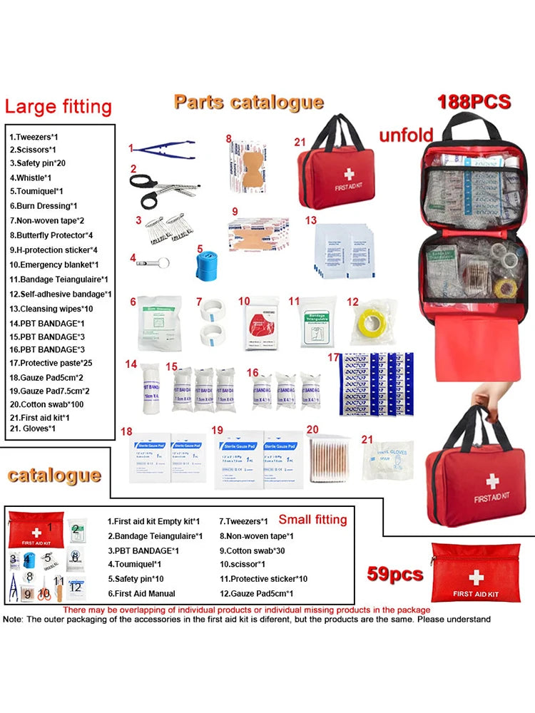 A large red first aid kit with various medical supplies and tools is shown alongside a smaller first aid kit.