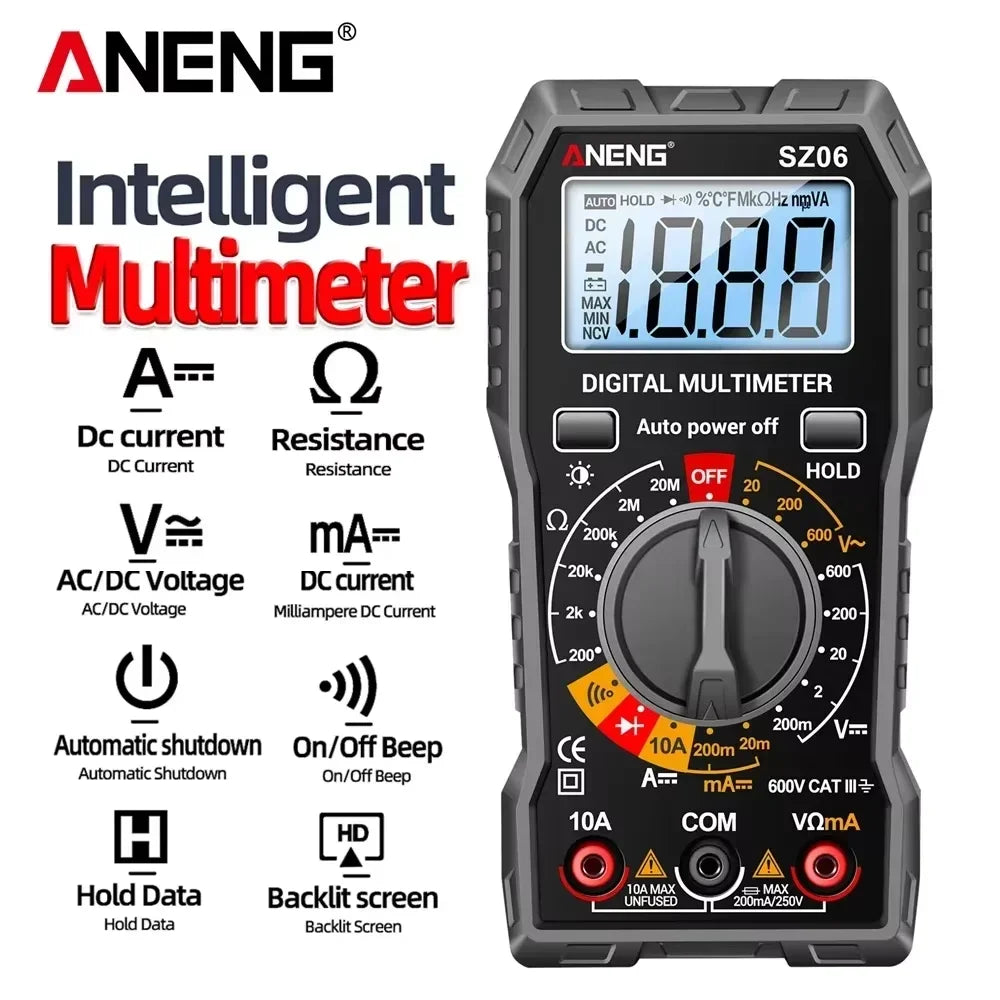 A black digital multimeter with a large display and various function buttons for electrical testing.