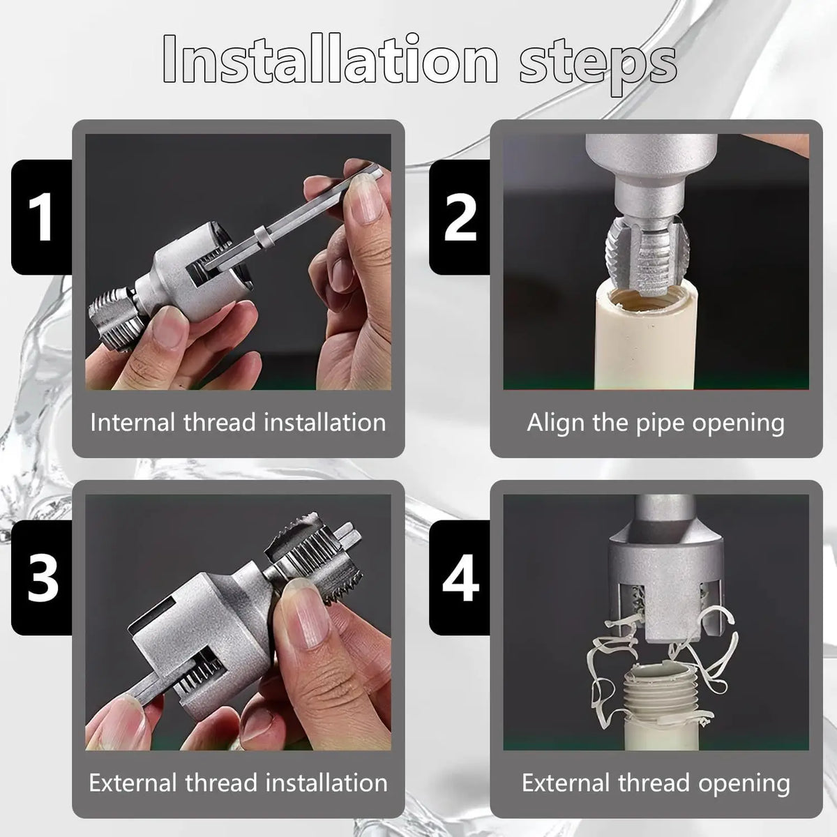 Four steps showing internal and external thread installation and opening of a drill pipe tool kit
