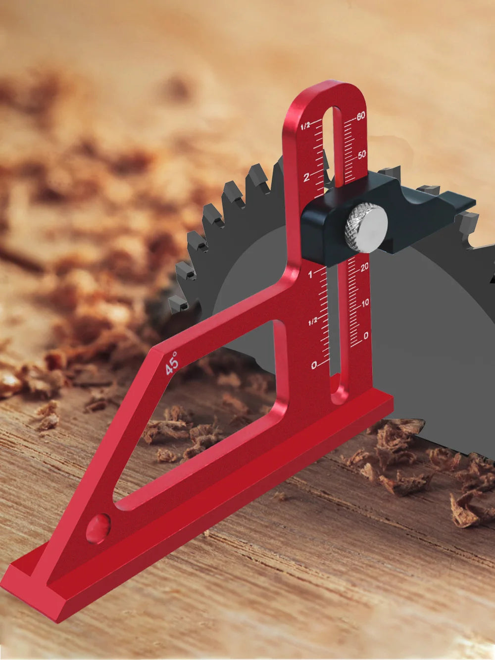 A red precision depth gauge with a 45-degree angle is shown next to a table saw blade.