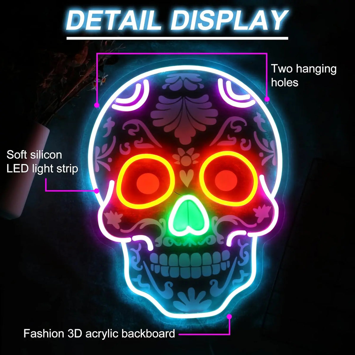 Detail display of a neon skull art piece featuring an LED light strip and acrylic backboard