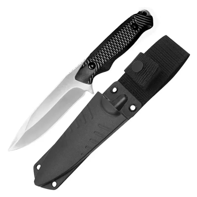 A black fixed blade camping knife with a silver blade and black sheath shown from above.