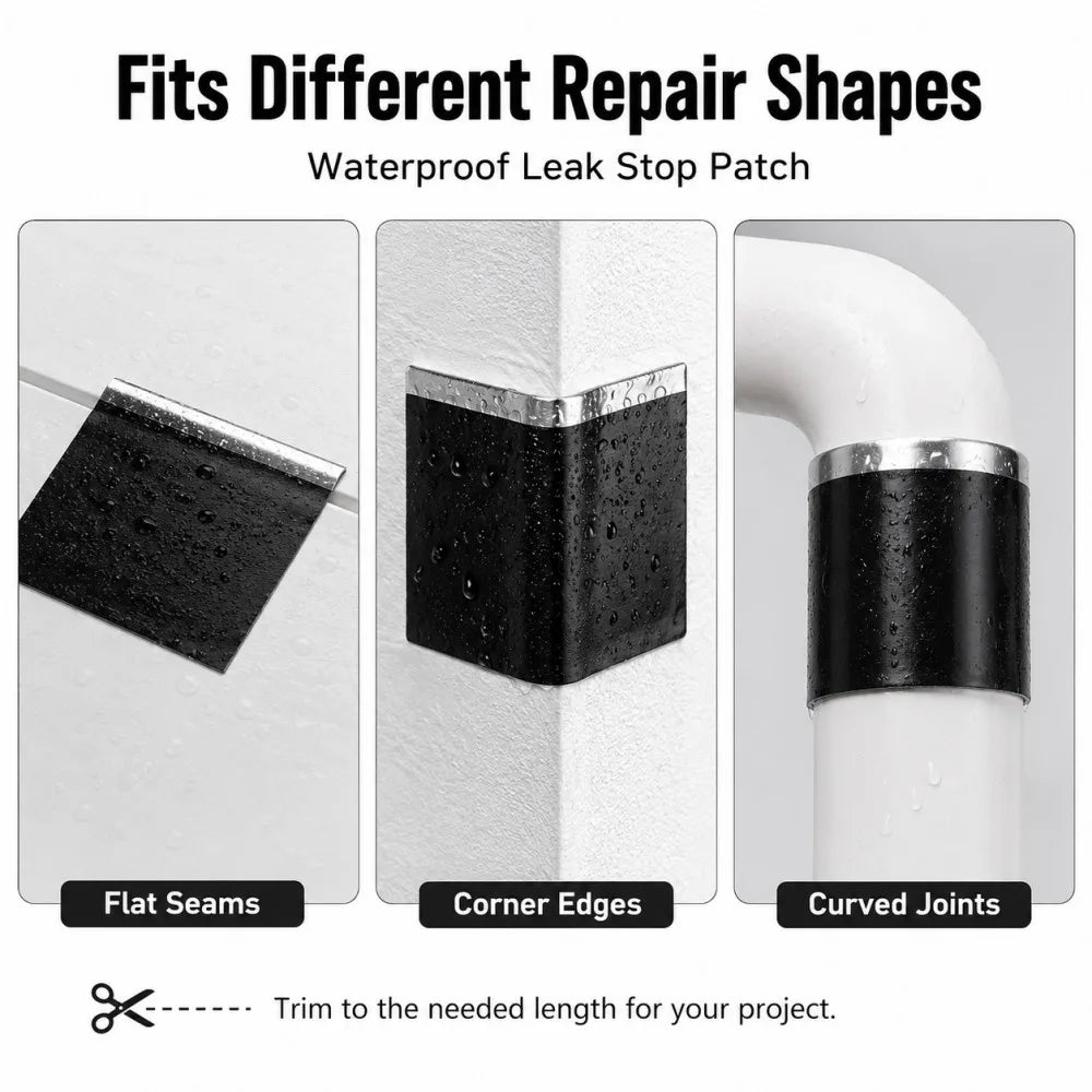 Black waterproof leak stop patches in flat, corner, and curved shapes for various repairs