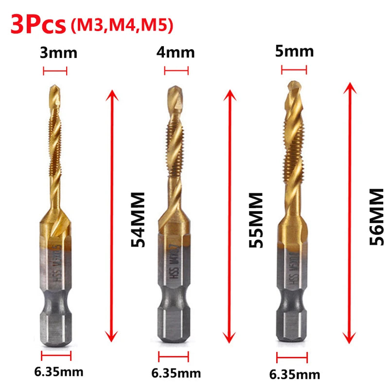 A set of three M3, M4, and M5 hex shank titanium coated tap and drill bits shown with various lengths.