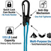 A close-up view of a black carabiner and blue rope with various features like quick-lock mechanism and 115 LB load capacity.