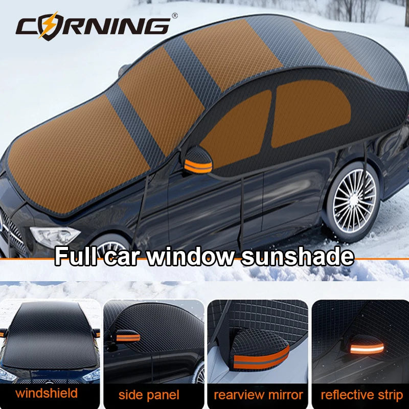 A black car fitted with an orange and gray full car window sunshade covering the windshield, side panels, rearview mirror, an