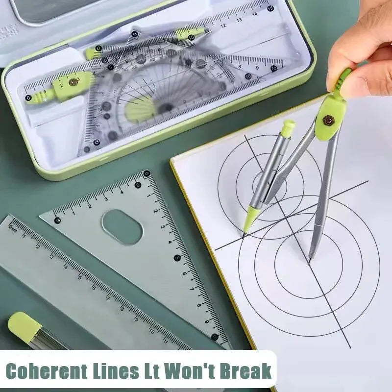 A set of geometry tools including a compass, ruler, and protractor are displayed on a sheet of paper.