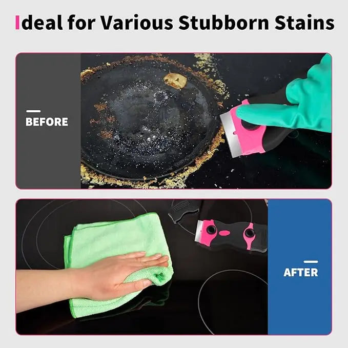 Before and after comparison showing a stubborn stain removal process using a multi-purpose adhesive remover scraper tool.