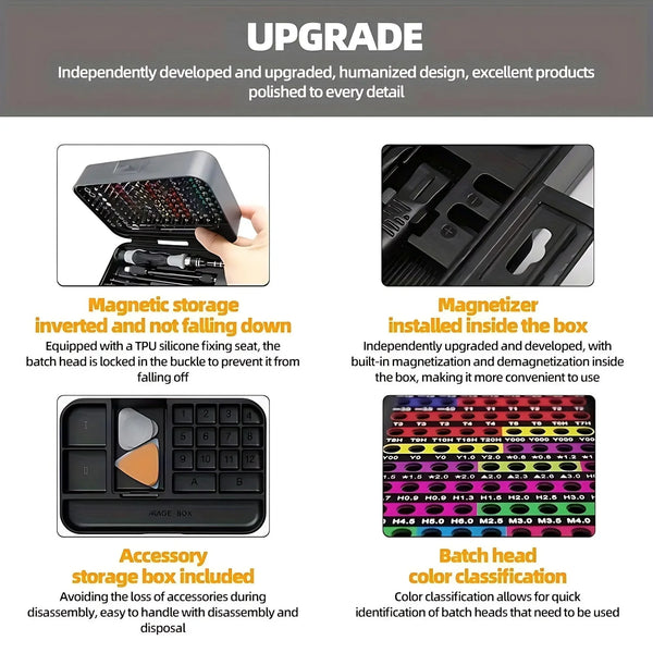 A precision screwdriver set featuring magnetic tips and various storage accessories.