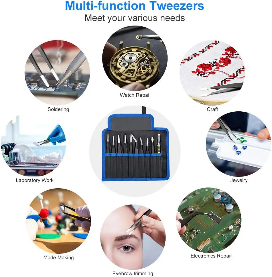 A set of multi-function tweezers used for soldering, craft, watch repair, jewelry, and electronics repair.